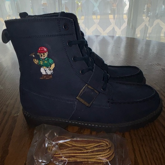 Ralph Lauren Navy Blue Leather Boots Classic Teddy Bear logo Stylish Kids - Picture 3 of 9